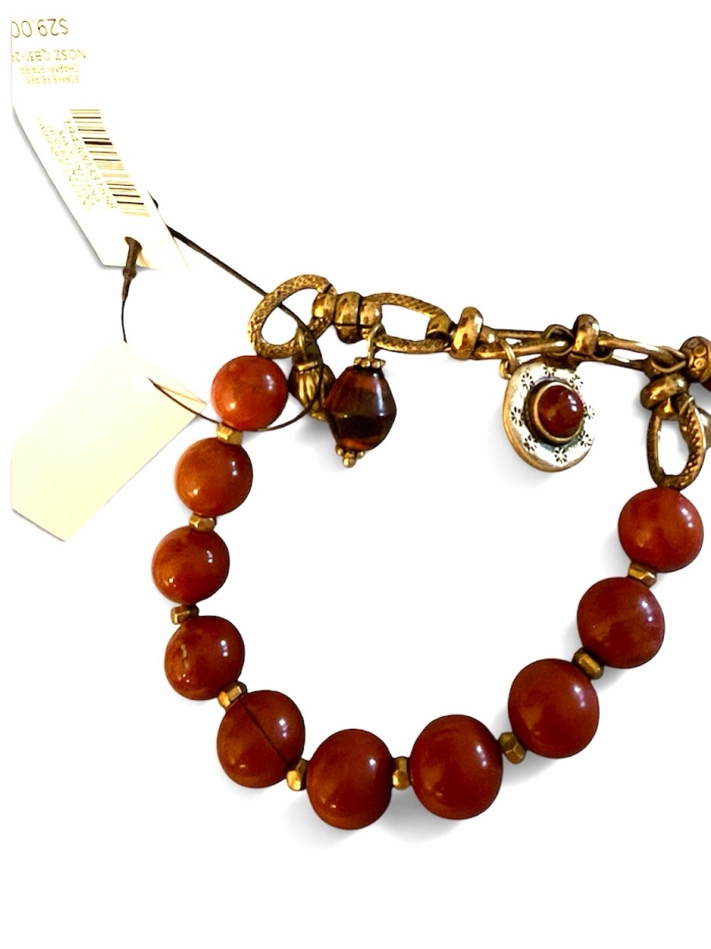 Chico's Burnt Orange Bead Charm Bracelet with Antique Gold Accents